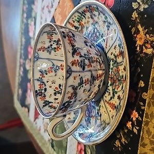 Early Tettau German Porcelain Blue Orange Green & Gold Strawflower Tea cup/sauce